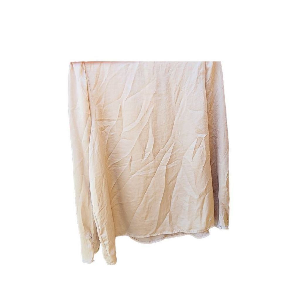 Carmen Marc Valvo Womens Blouse Beige Long Sleeve V Neck Keyhole Cuffs XL New - Picture 2 of 8